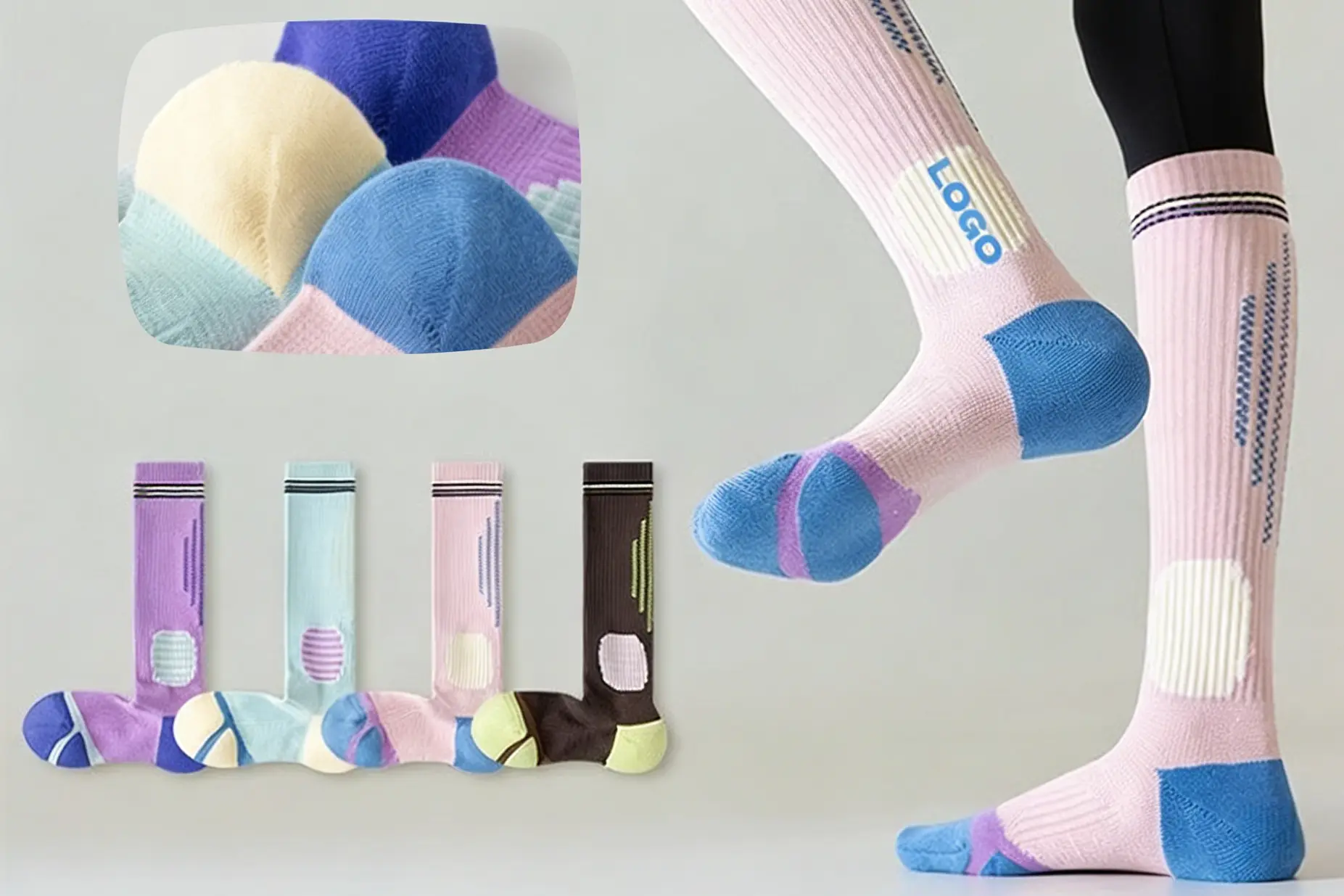Compression style sock case with stretch structure and logo placement