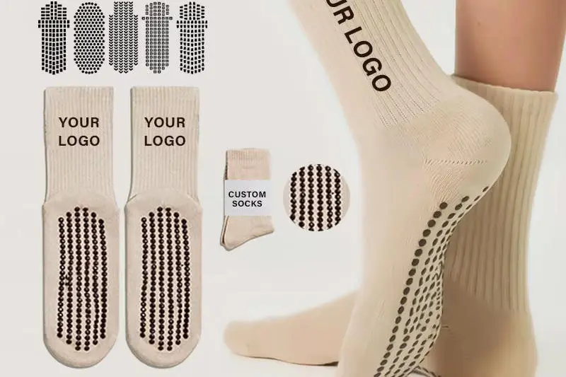 Grip sock planning with silicone sole logo and packaging notes