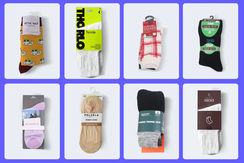 Private label retail socks with brand labels hang tags and packaging