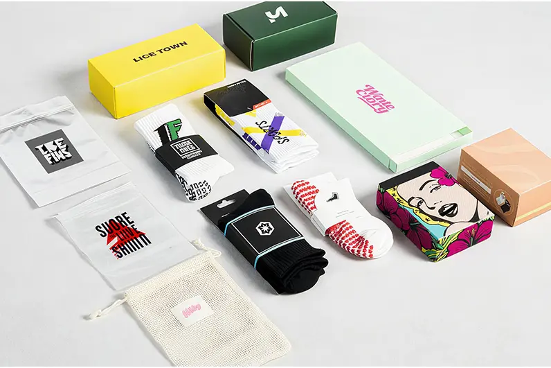Custom ankle sock packaging with paper bands hang tags bags and multi pair packs