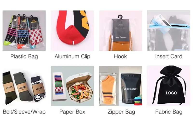 Custom bamboo sock packaging with paper bands hang tags bags boxes and multi pair sets