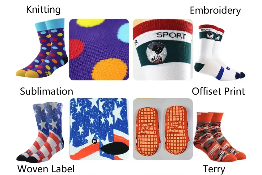 Crew sock pattern options with stripes repeat logos icons and minimal layouts