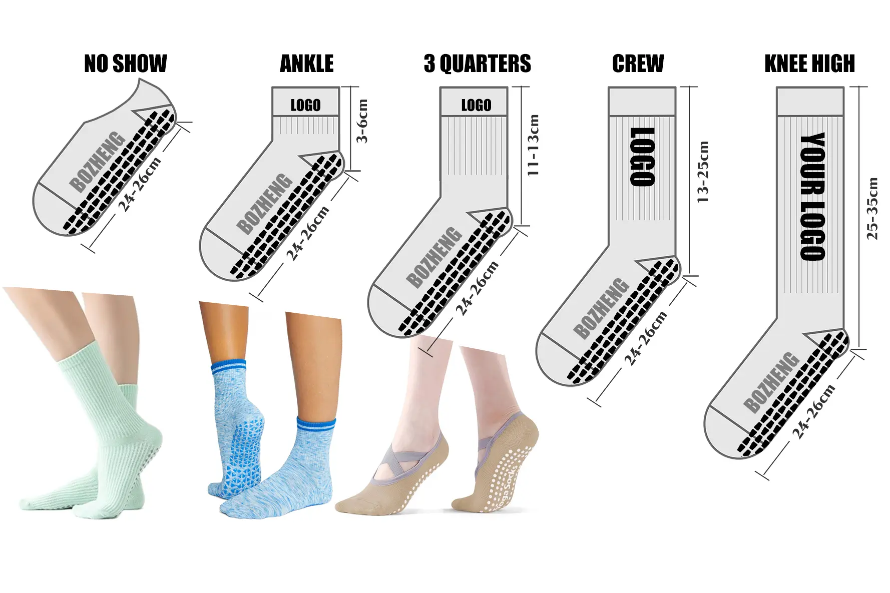 Custom grip sock styles including low cut ankle crew open top and strap socks