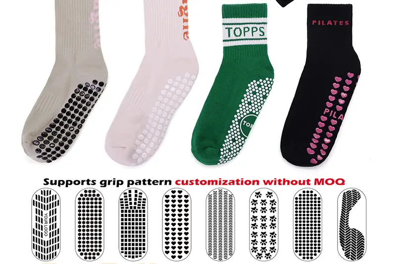 Custom grip sock sole pattern options with dots lines and full sole coverage