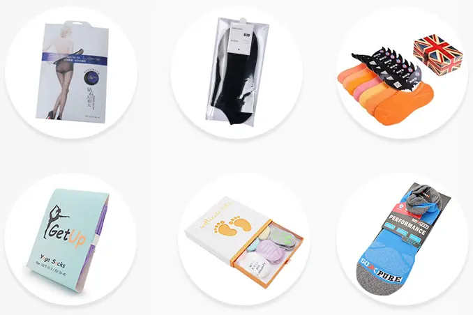 Custom knee high sock packaging with paper bands hang tags bags and bulk packing