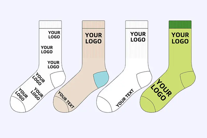 Custom sock logo placement options on cuff ankle side top and sole