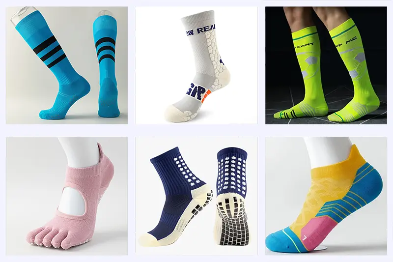 Custom sports sock styles including crew ankle knee high and athletic socks