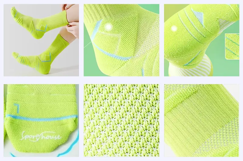 Sports sock fit details including cushioning cuff support and reinforced areas