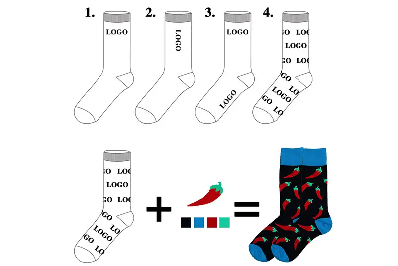 Custom sock color planning with brand references and pattern layout notes