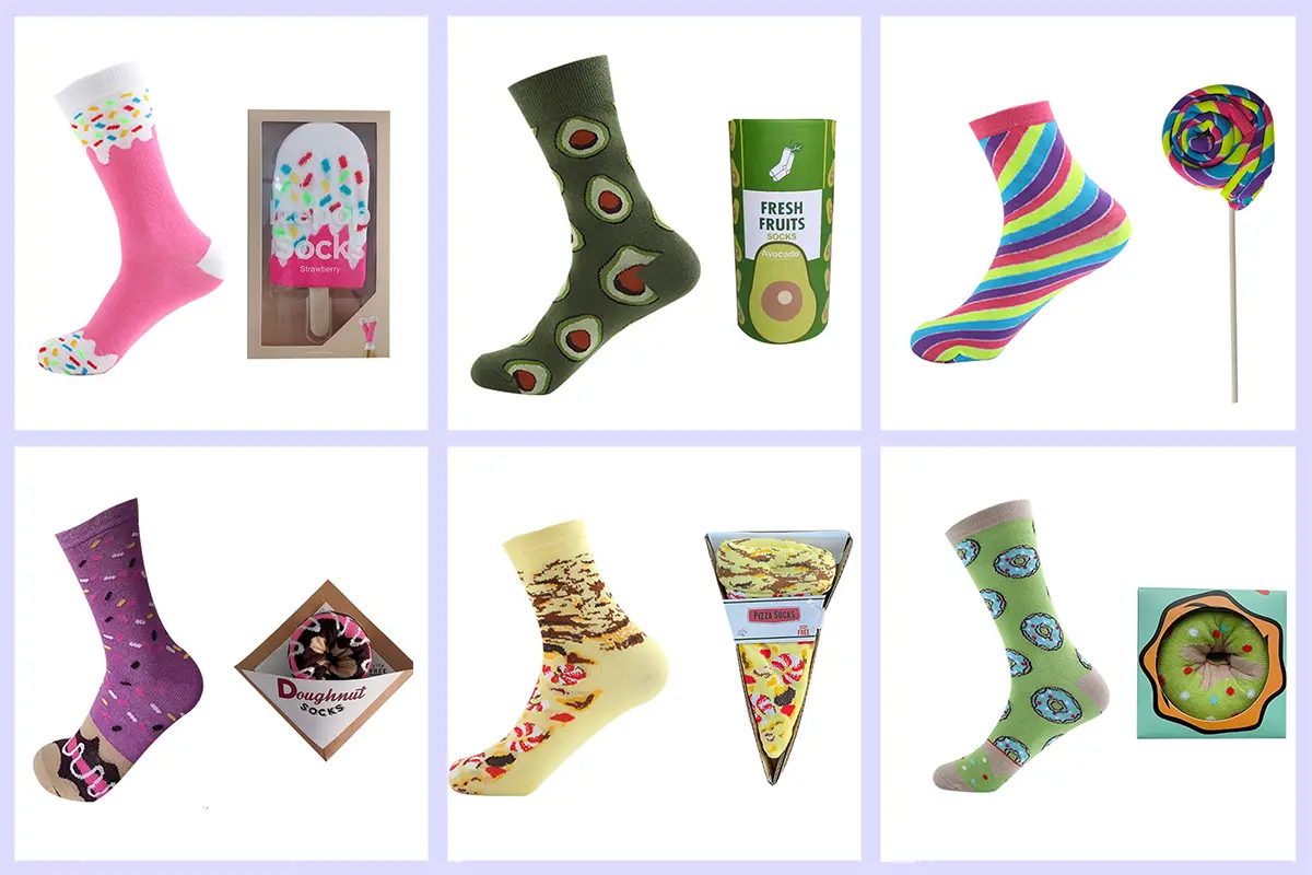 Custom sock materials colors logos and packaging options displayed together