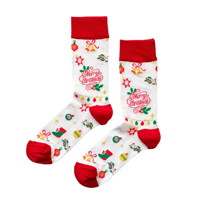Custom holiday promotional socks with brand colors and Christmas artwork